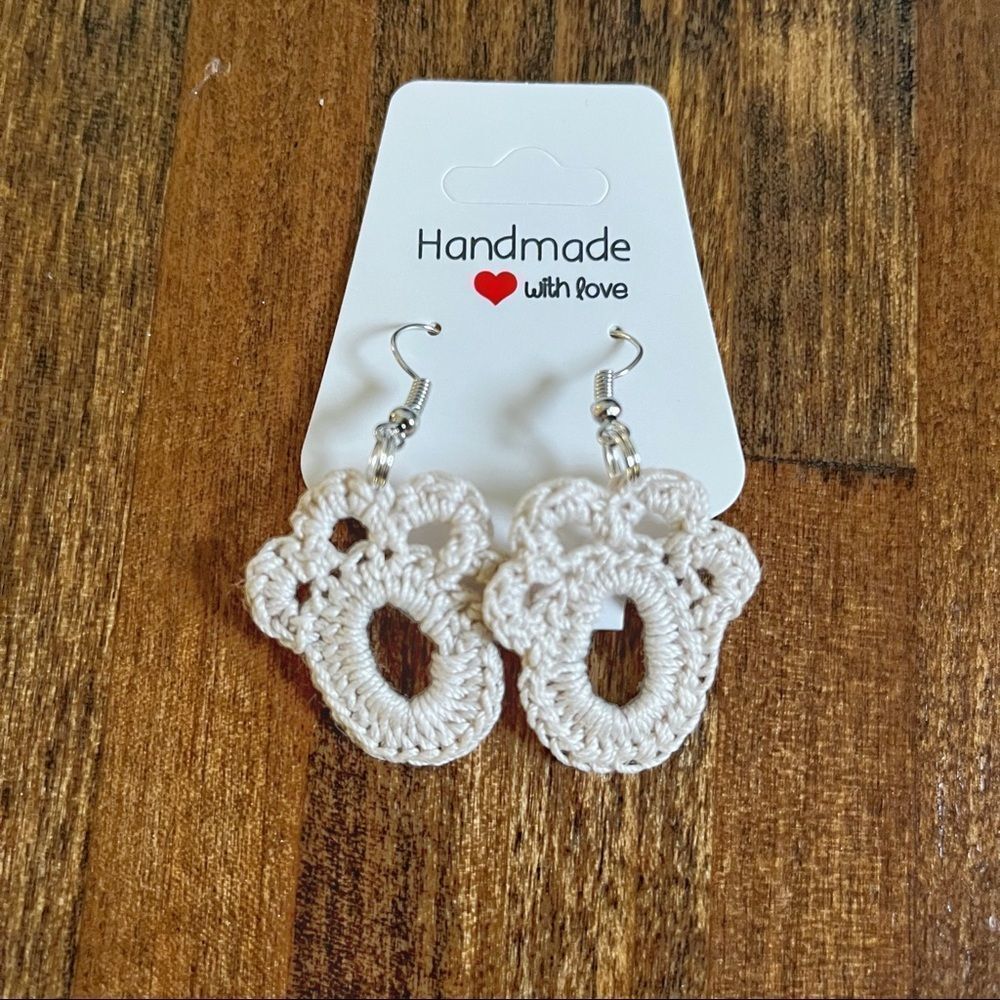 Hand Crafted Crochet Paw Print Fish Hook Earrings Tan Silver